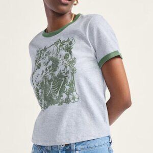 Vans Women's Have to Dream Ringer T-Shirt Gray Green Skeleton Graphic XS NWT